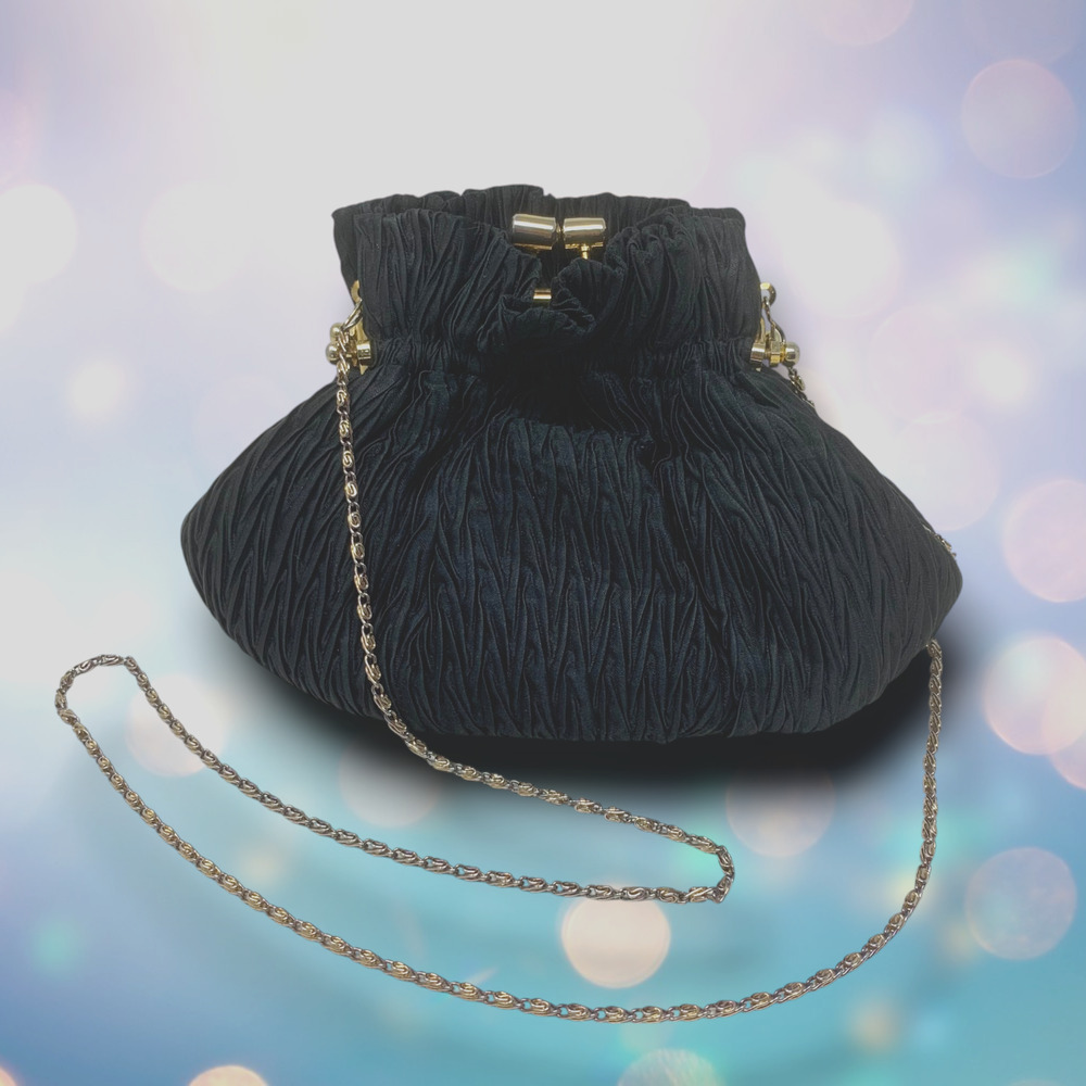 Vtg Y2K Vanessa Pleated Black Satin Mini Kisslock Frame Bag Chain Strap Runway